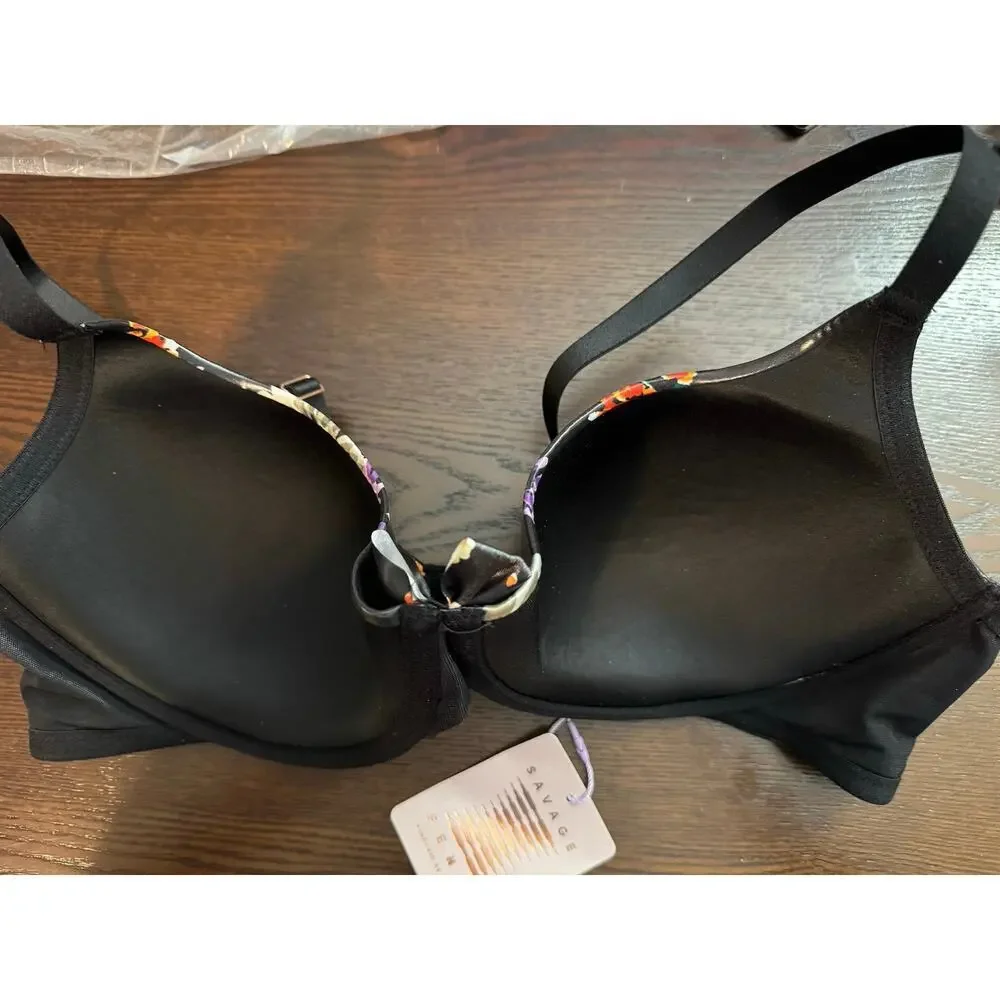 Savage X Fenty New Padded Balconette Bra Black Night Blooms Wet Look 38D